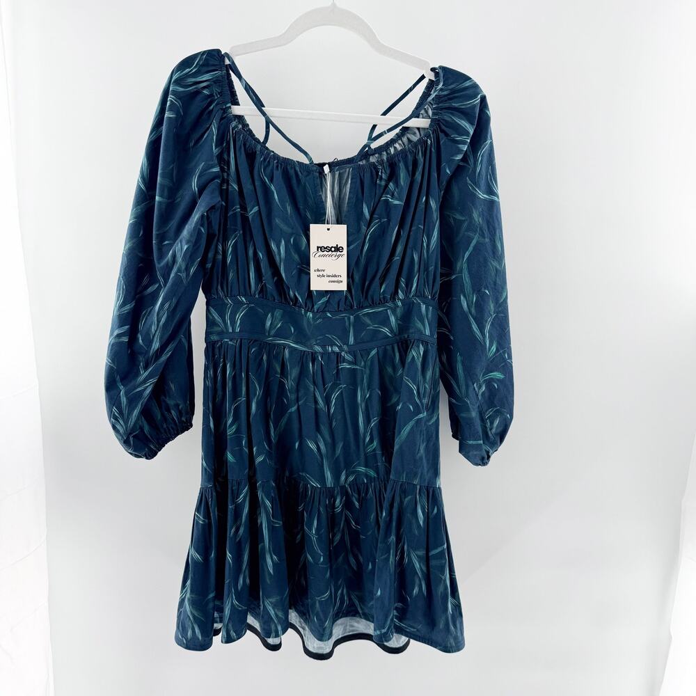 Especia Off Shoulder Puff Sleeve Babydoll Mini Dress Green Blue Women's Medium